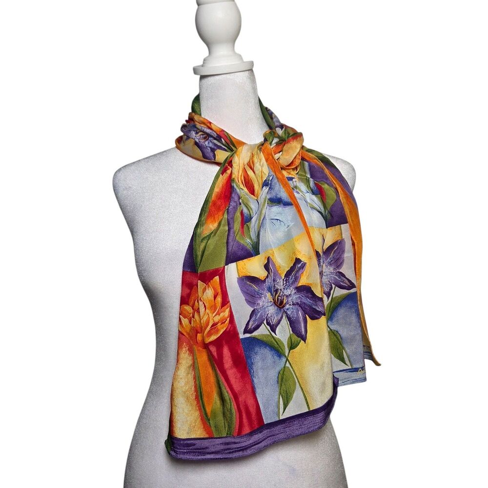 Vtg Adrienne Vittadini Silk Scarf Tulip Floral Botanical 90s Whimsical Granny
